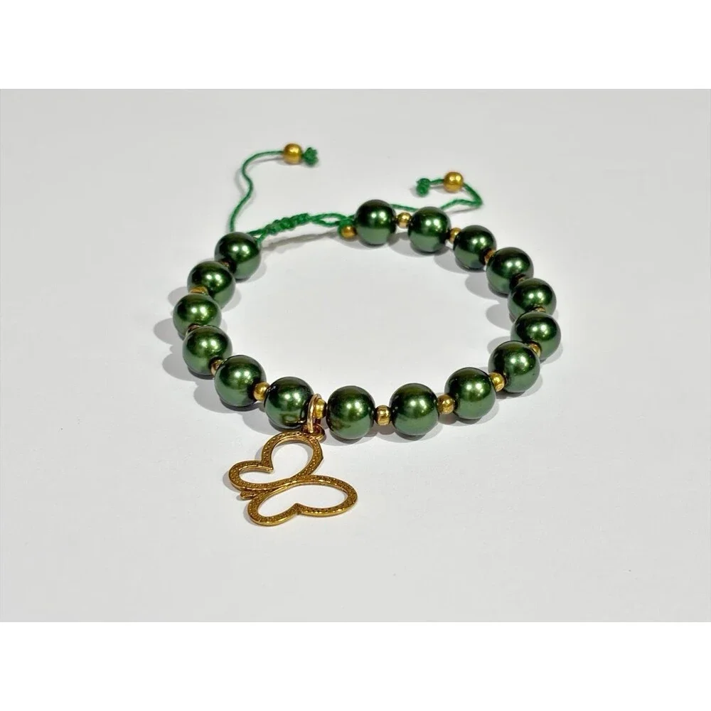 Green Beaded Bracelet Gold Butterfly Charm Adjustable Handmade Boho - Picture 4 of 5